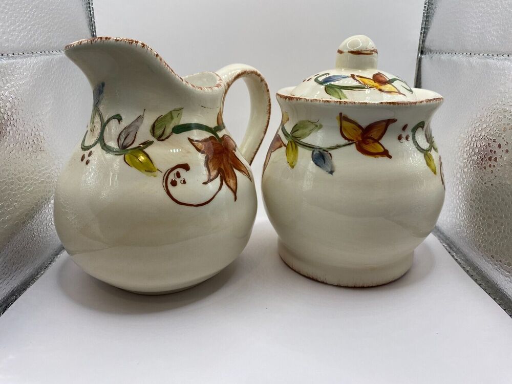 Maxcera Handcrafted In China Sugar Bowl And Creamer Leaf Vine